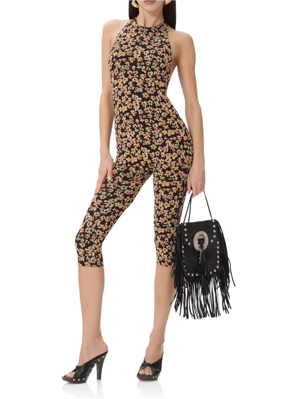 AFRM Lucia Catsuit Jumpsuit Bright Bloom Size S Halter Capri Length